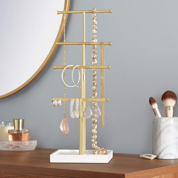 Four-Tier Jewelry Tree Stand - White/Brass - Picture 2 of 5